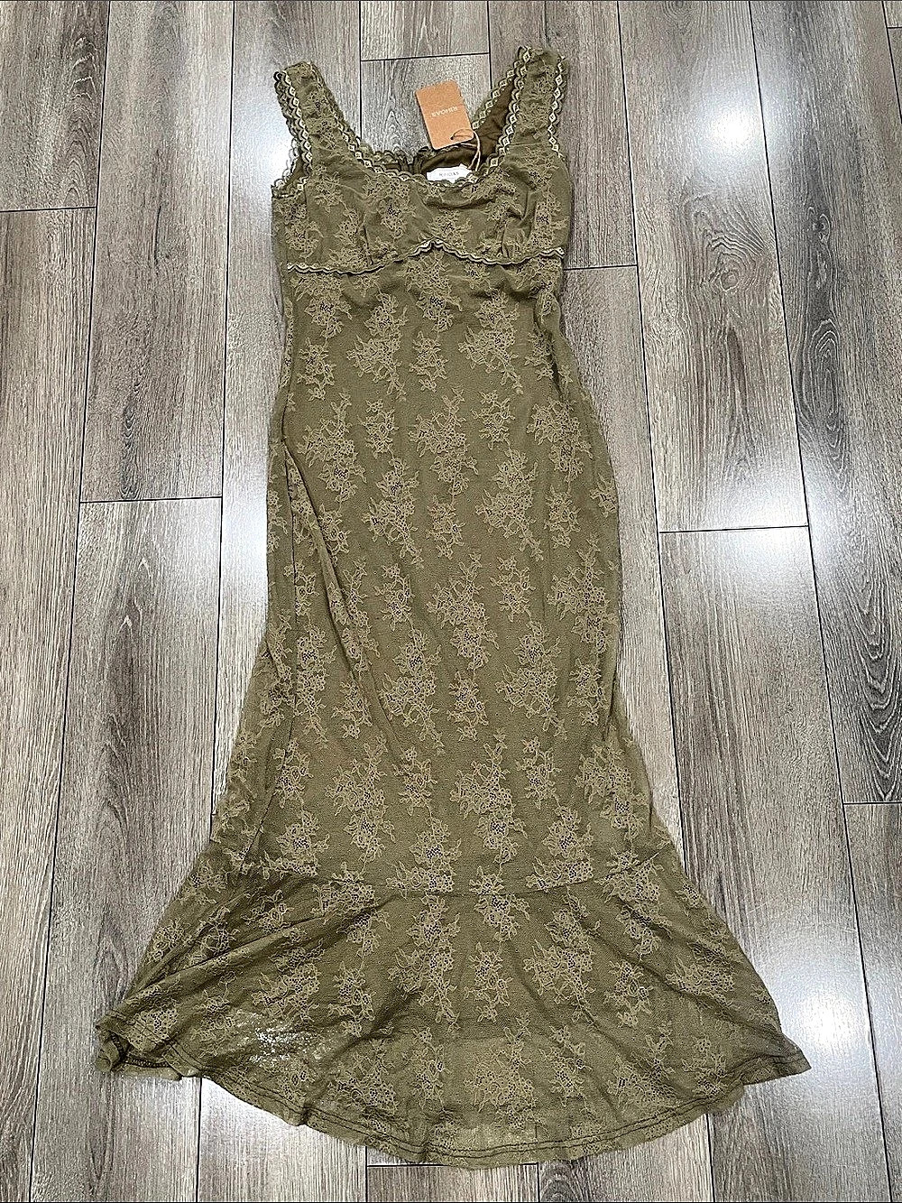 RIHOAS Green Square Neck Lace Floral Midi Dress XS